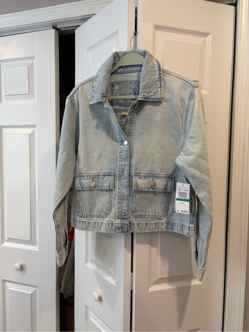 Michael Kors Light Wash Denim Jacket with Front Patch Pockets
